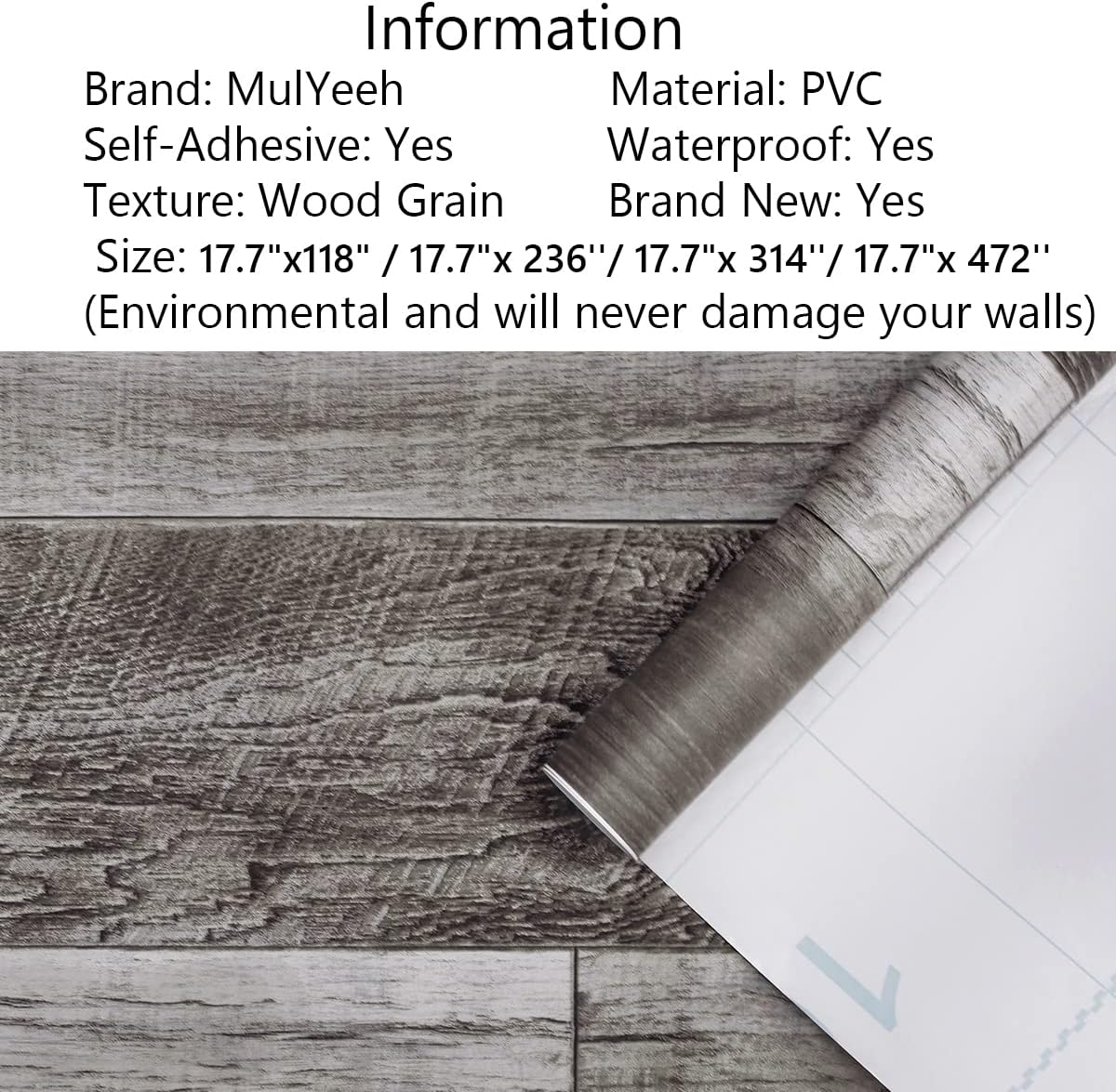 MulYeeh 17.5'' x 472'' Gray Peel and Stick Wallpaper Faux Wood Plank Paper Self-Adhesive Removable Wall Covering Prepasted Decorative Vinyl Film Shiplap