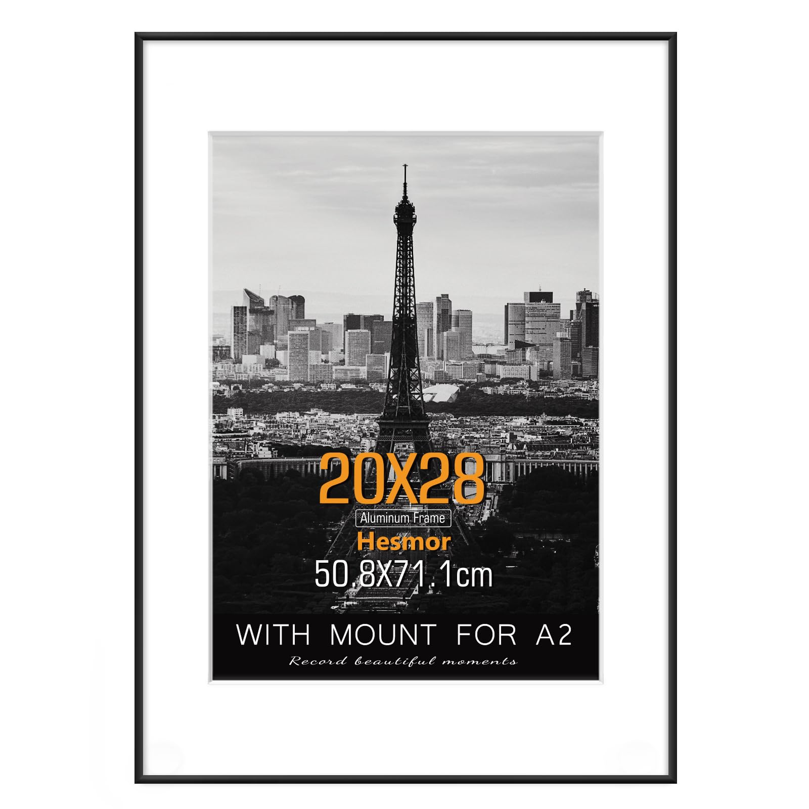 Hesmor Picture Frames 50cm x 70cm Frame Aluminum Acrylic Picture Frames in Black, 20 x 28 inch Size Photo Frames with Clear Plexiglass for Wall Mounting, Single Poster Frames with Mat for A2 — image 1
