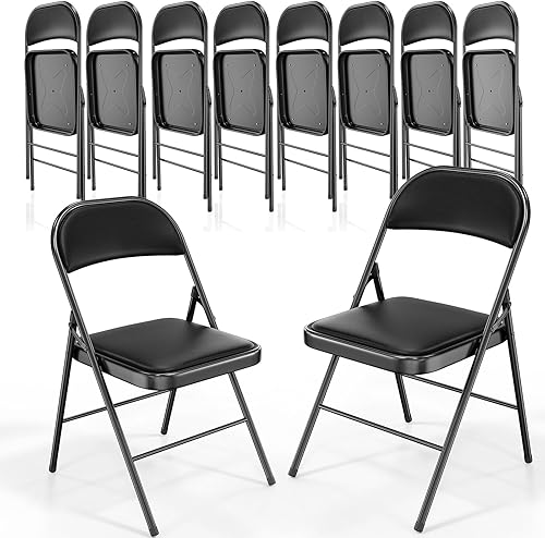 VINGLI Paquete de 10 sillas plegables negras con asientos acolchados, marco de metal con asiento y respaldo de piel sintética, capacidad de 350