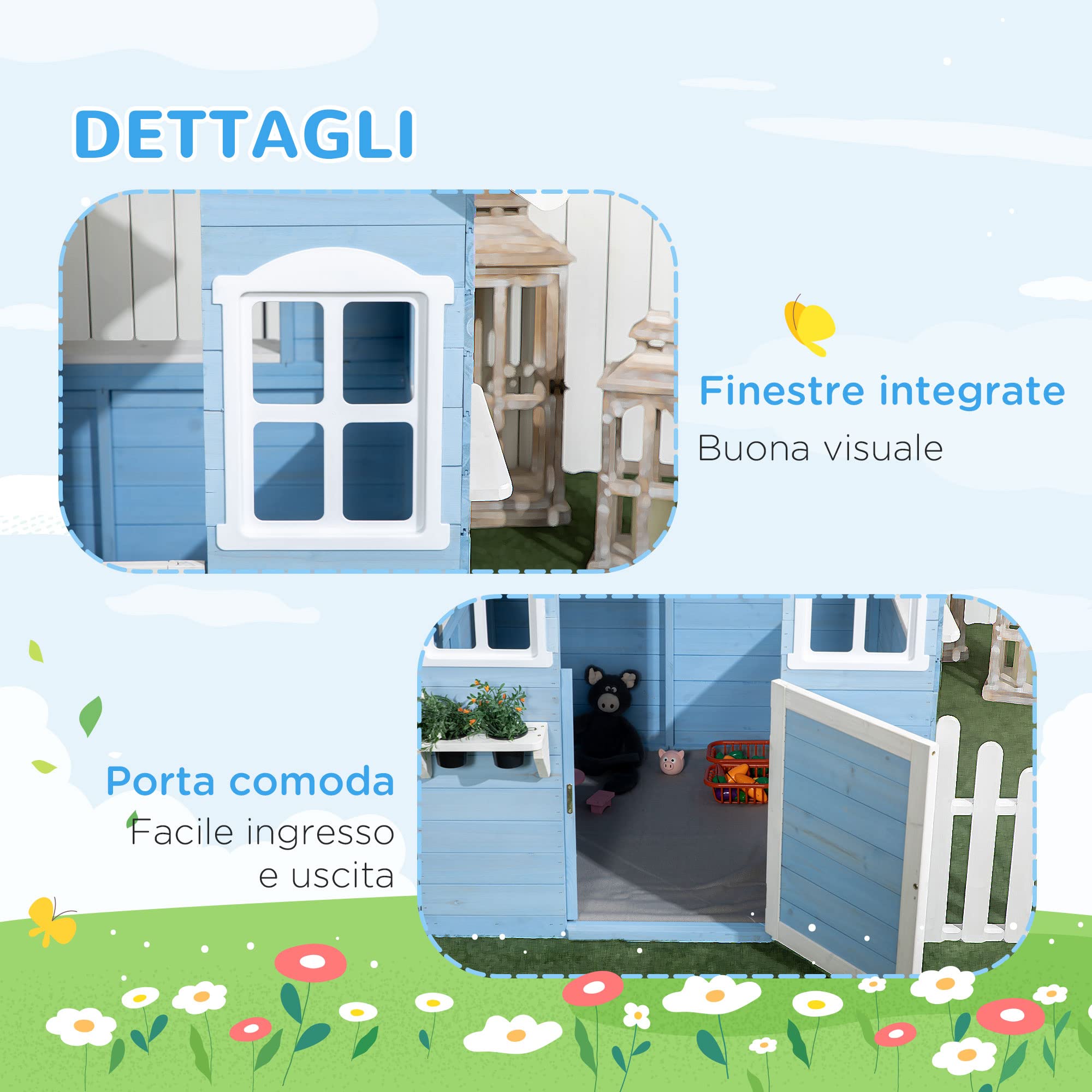 Outsunny Casa per Bimbi 3-7 Anni con Staccionata, Portavasi, Porta e Finestre, Casetta per Bambini in Legno di Abete, 151x112.5x142 cm, Blu
