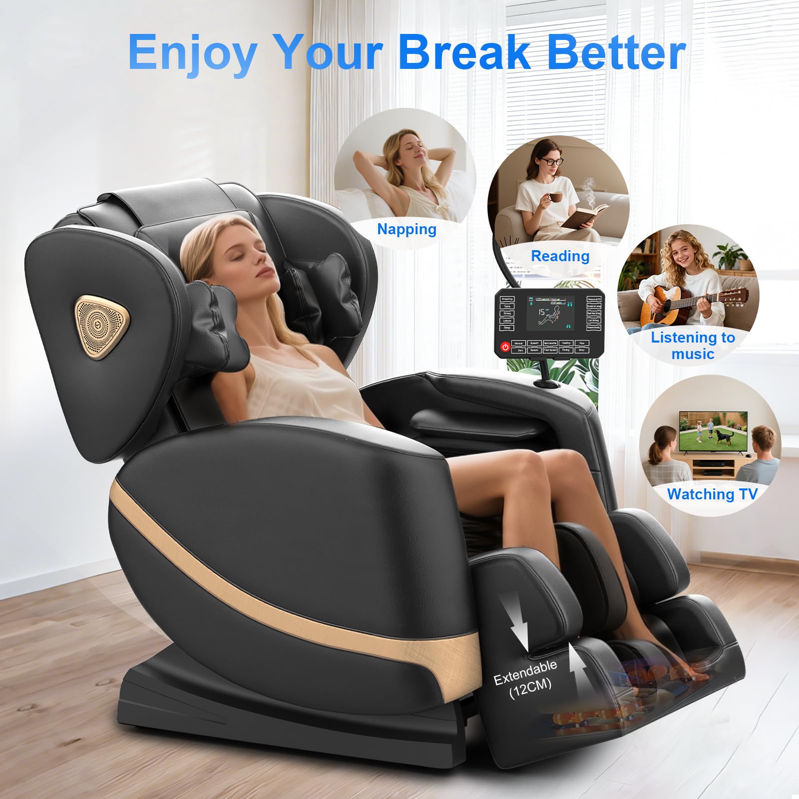 Massagesessel, Ganzkörper-Massagesessel mit Zero-Gravity, 14 Rollen und 8 Komfort-Airbags, Mit Heizfunktion für Taille und Beine Fußmassage, Bluetooth-Player und 2-in-1 Touchscreen (Schwarz)