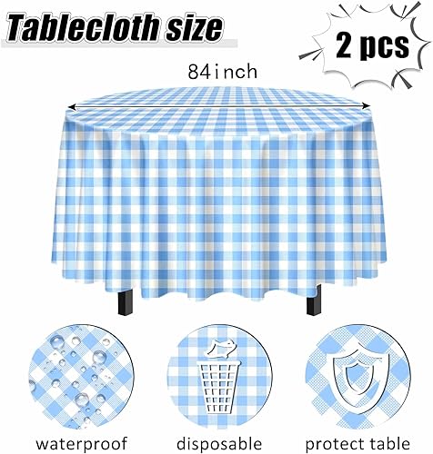 Miniatura 3 de SietDESEO Paquete de 2 manteles redondos de cuadros azul claro de 84 x 84 pulgadas, manteles desechables a cuadros azules y blancos, para camping,
