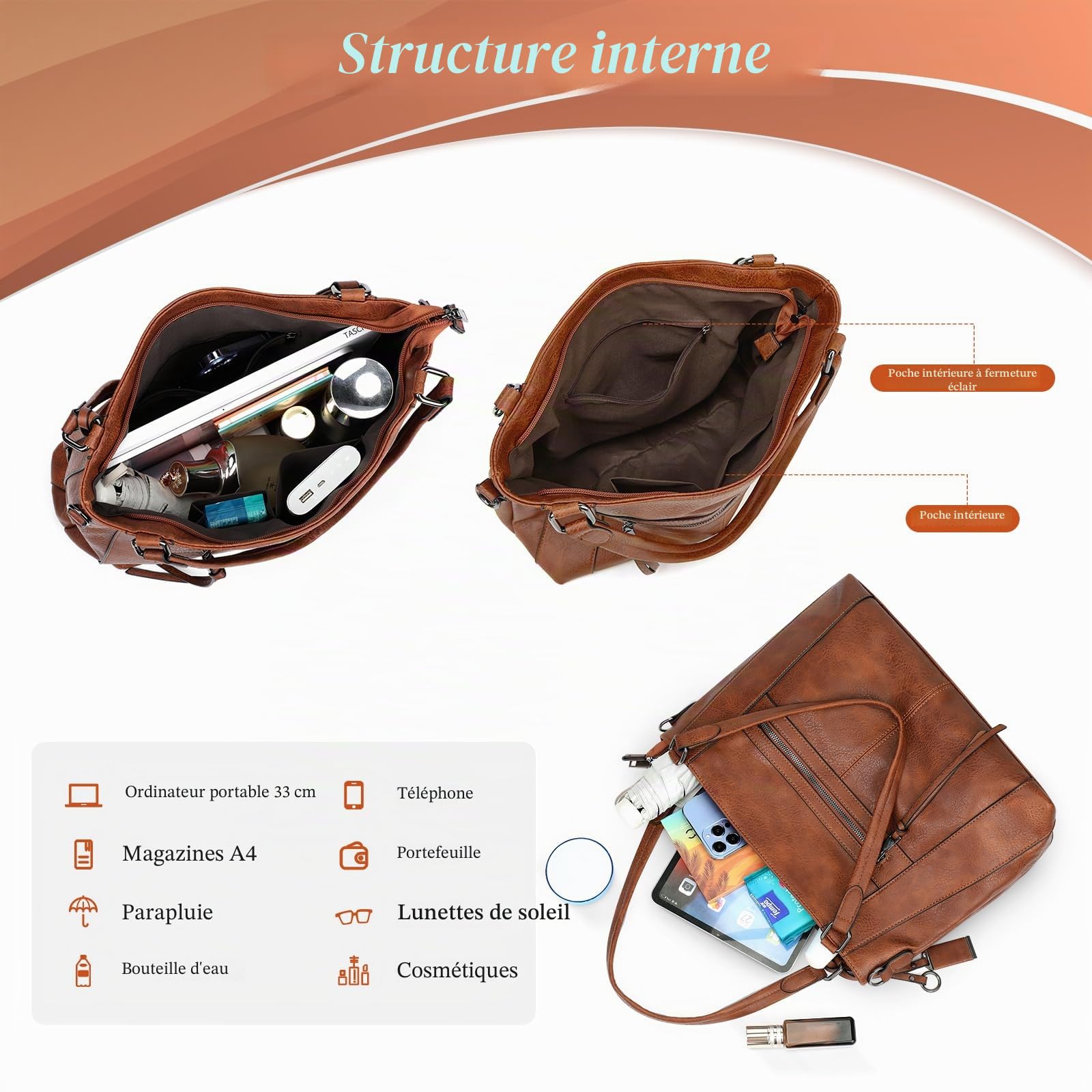 BAIGIO Sac a Main Grand Cuir PU Sac Hobo Sac Cabas Femme Sac Bandoulière Fourre Tout Messenger et Portefeuille Ensemble pour Travail Shopping Party Voyage
