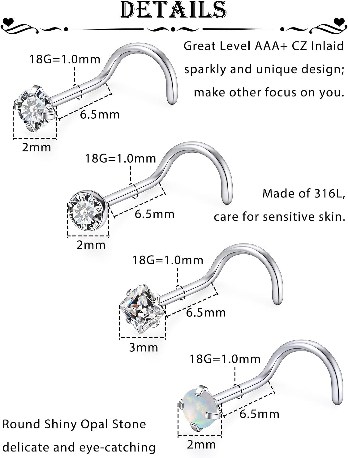 15 Pcs 18G 20G Surgical Steel Nose Rings Studs for Women Opal Nose Rings Diamond CZ Nose Studs L Shaped Nose Nostril Piercing Jewelry Hypoallergenic - Image 2