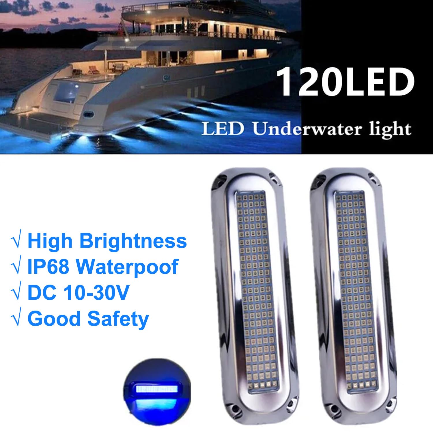Greluma Lot de 2 lumières sous-marines LED pour bateaux marins (120 LED 180° bleu), DC 10V-30V IP68 étanches, montage en surface pour bateau de croisière, yacht, bateau à voile, ponton, feu arrière