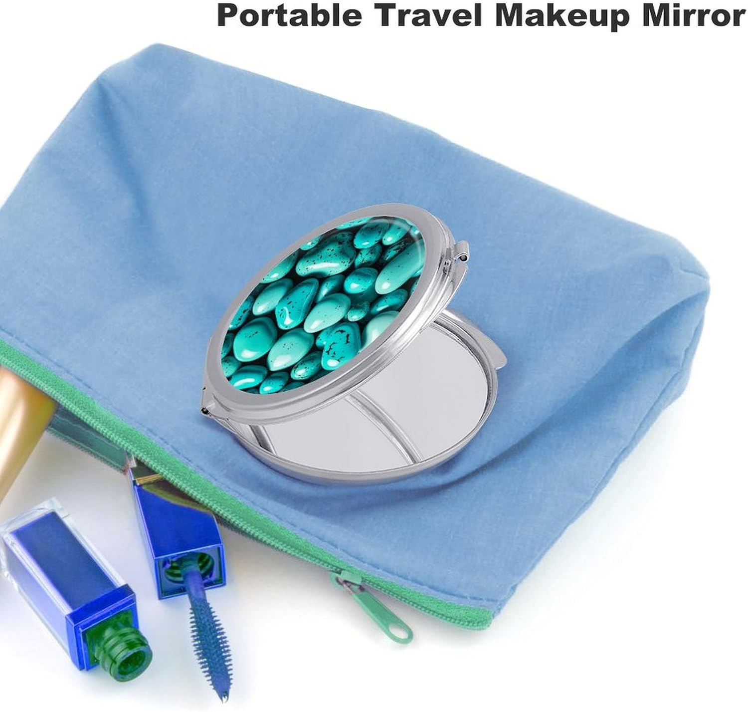 Bright Aqua Blue Turquoise Portable Makeup Mirror, Sided Travel Hand Mirror Mini Folding Mirror for Precise Makeup Women Daily Use