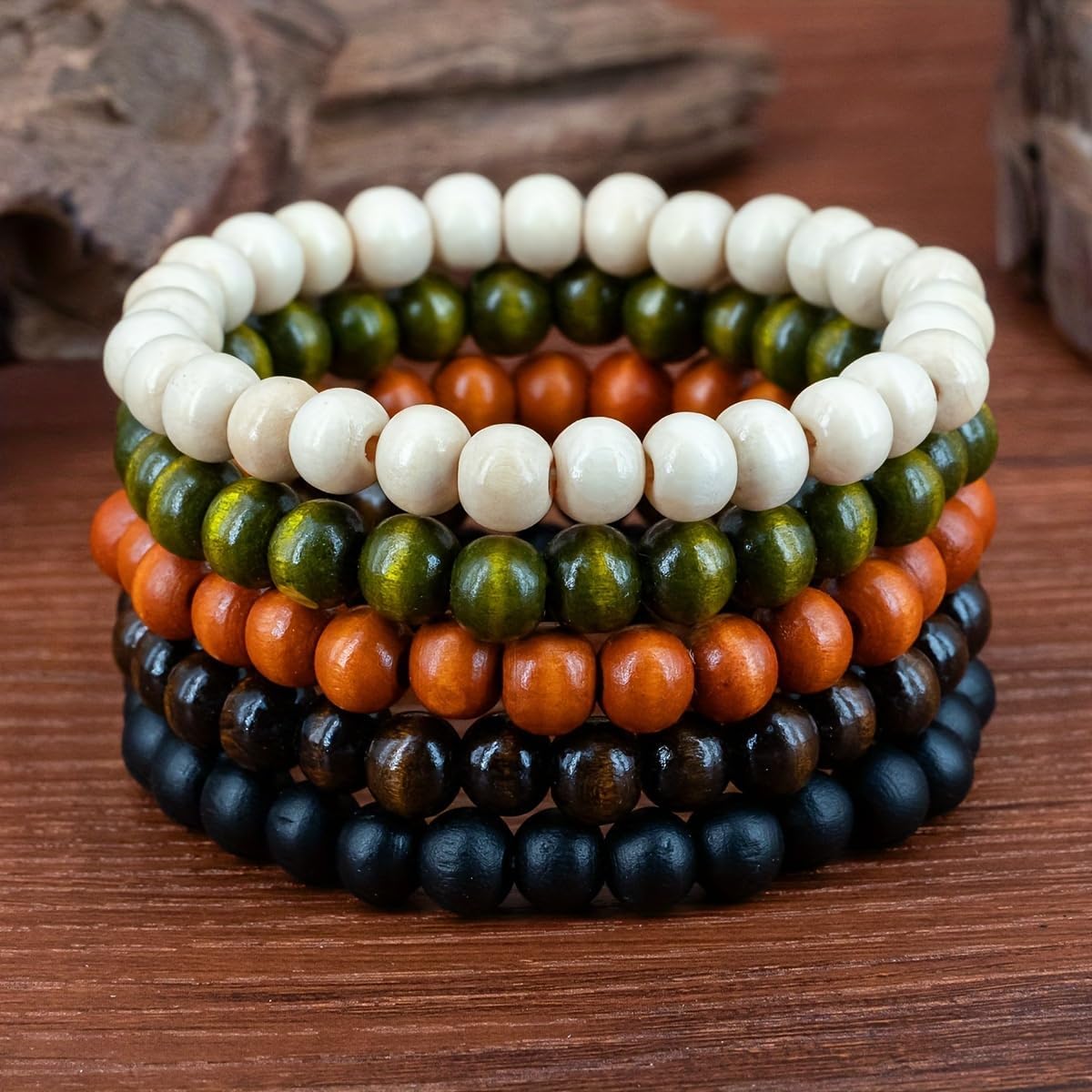 10 Piece Set Wooden Bead Bracelets, Boho Stretch Bracelet Set, Unisex Fashion Jewelry Stack, Multi-Color - Image 2