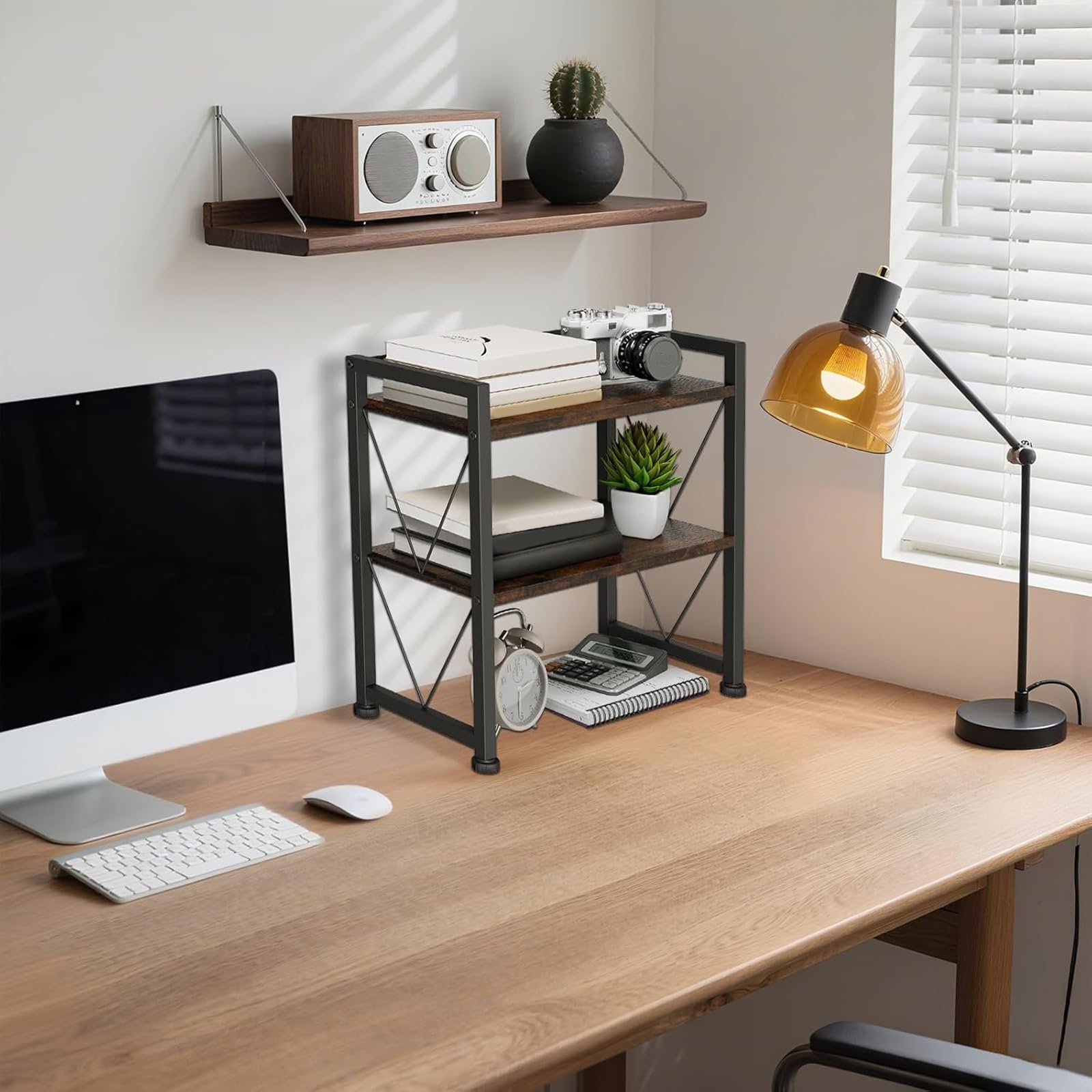 Organizzatore per Scrivania VSIWB in Legno, Mini Mensola da Tavolo, Piccola Libreria a Scaffali Aperti, Mobiletto Compatto per Ufficio e Casa 41x20x37cm (Marrone)