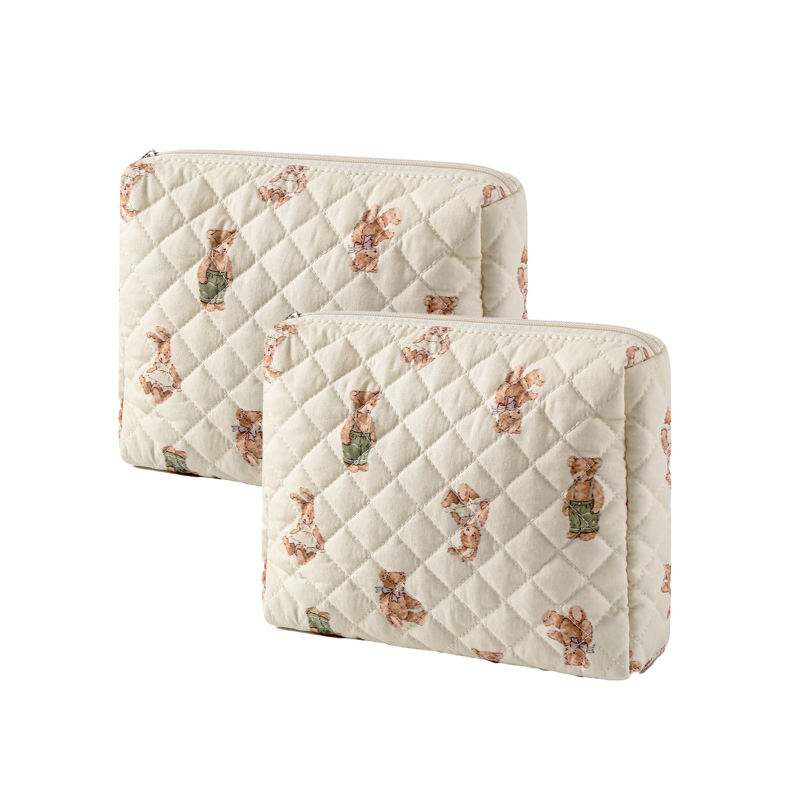 Quilted Cotton Makeup Bag 2Pcs Coquette Cosmetic Bag,Large Soft Floral Travel Toiletry Bag for Women and Girls (01Bear)