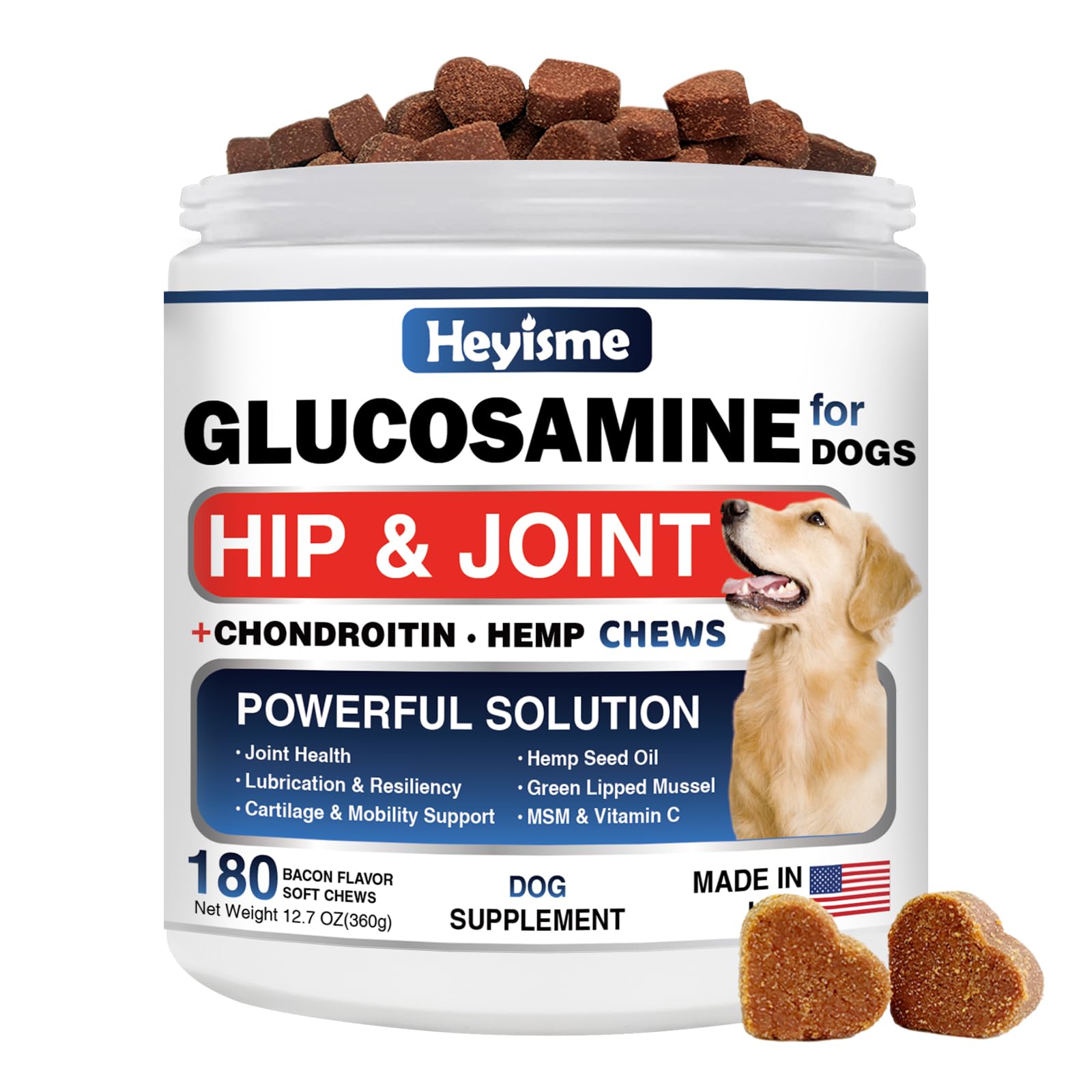 Glucosamine for Dogs, 180 Chews Hip and Joint Supplement for Dogs, Glucosamine Chondroitin, MSM Hemp Dog Joint Pain Relief, Dog Joint Supplement Health Mobility Support (180 Chews, Bacon)