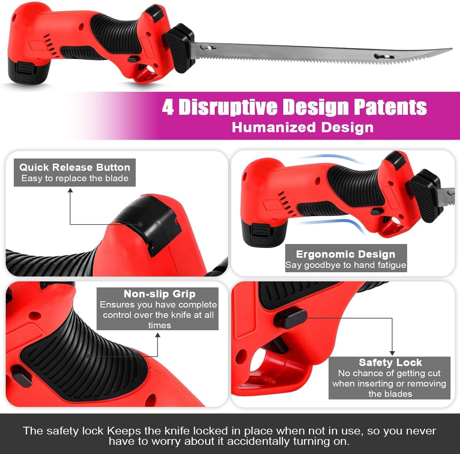 Electric Wireless Fish Filleting Knife, with 4 Ti Nitride SS Coated Non-Stick Back-and-Fro Blades, Secure Locking System, for Cutting Fish Meat