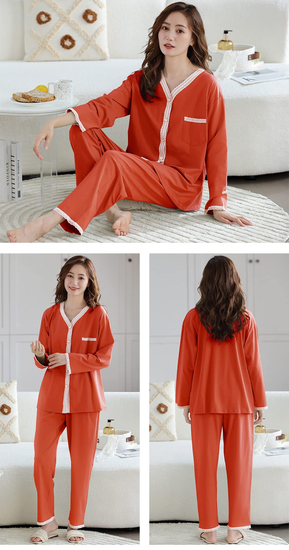 Pijama Mujer,Conjuntos De Pijama De Algodón Para Mujer Chaqueta De Punto Con Botones De Encaje Con Cuello En V Naranja Bolsillo Elegante Y Acogedor Invierno Cálido Pjs De Manga Larga Top Amp; Con