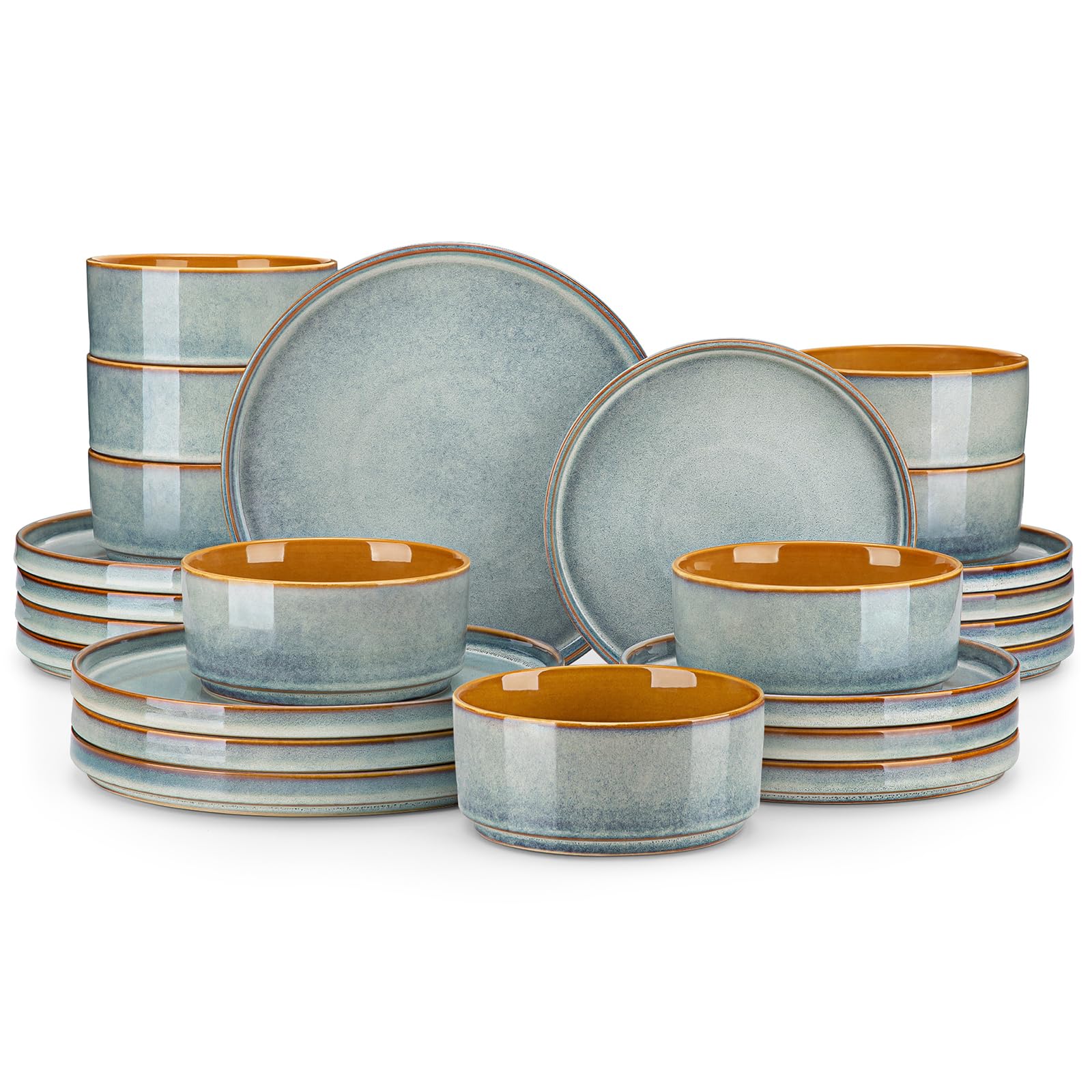 vancasso Onion Ceramic Plates and Bowls Sets, 24 Pieces Light Blue Dinnerware Sets for Kitchen, Reactive Glaze Dishes Set for 8, Dishwasher and Microwave Safe