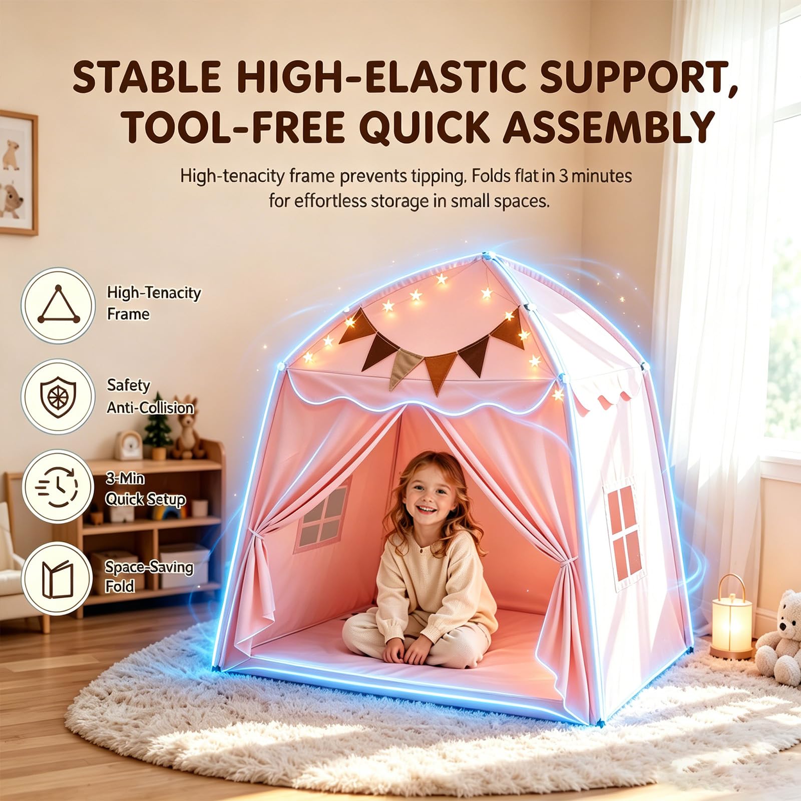 Kinderzelt für Drinnen, Spielzelt Kinder Indoor Faltbares, Zelt Kinderzimmer mit Flaggen & Lichterketten, Leseecke Kinderzimmer, Kinderzelt Indoor, Spielhaus Kinder Indoor, 150x100x150 cm (Rosa)