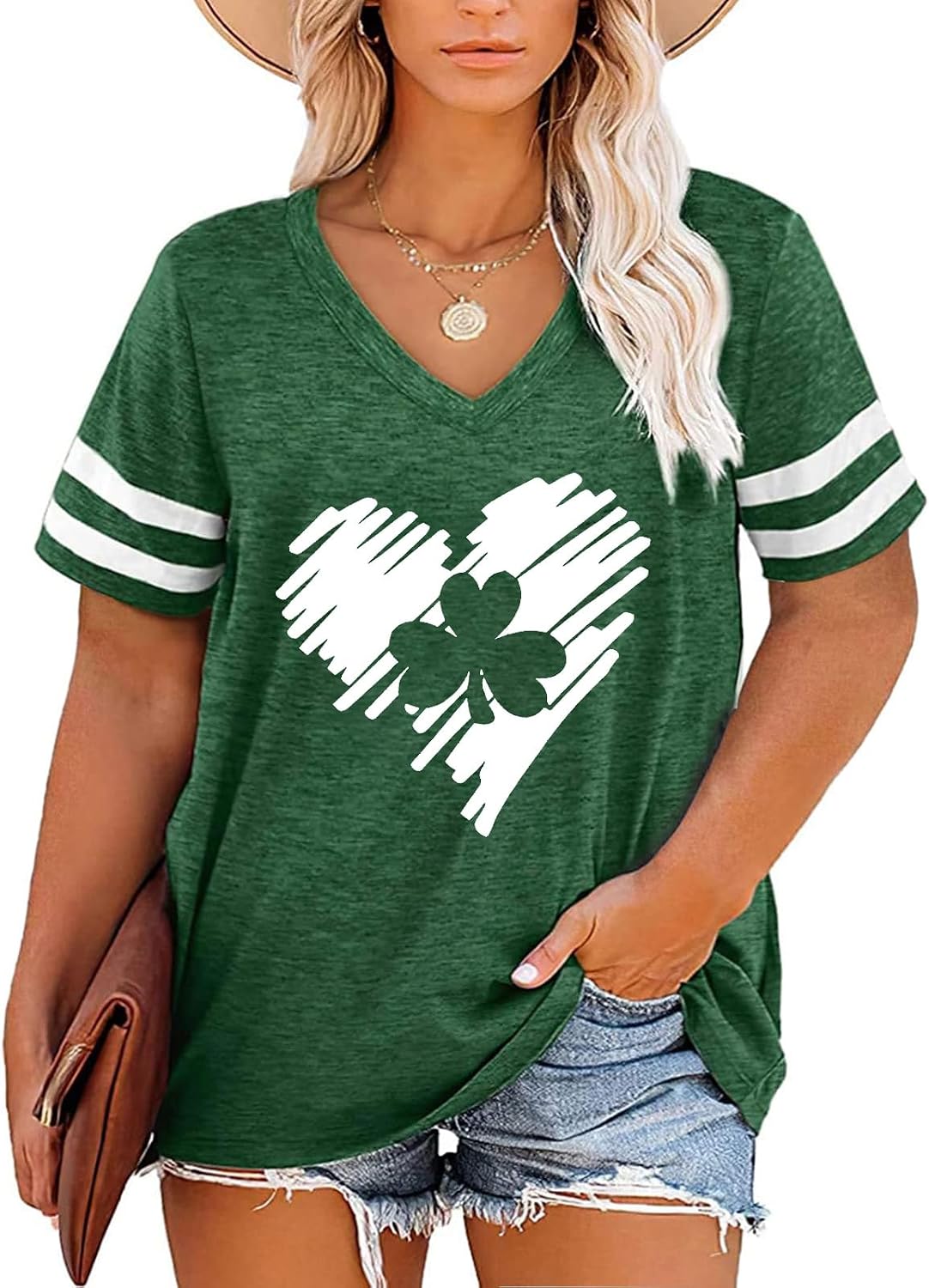 HDLTE Plus Size St Patricks Day Shirt Women Retro Irish Flag Graphic V-Neck Color Block Splicing Tops(2X-5X)
