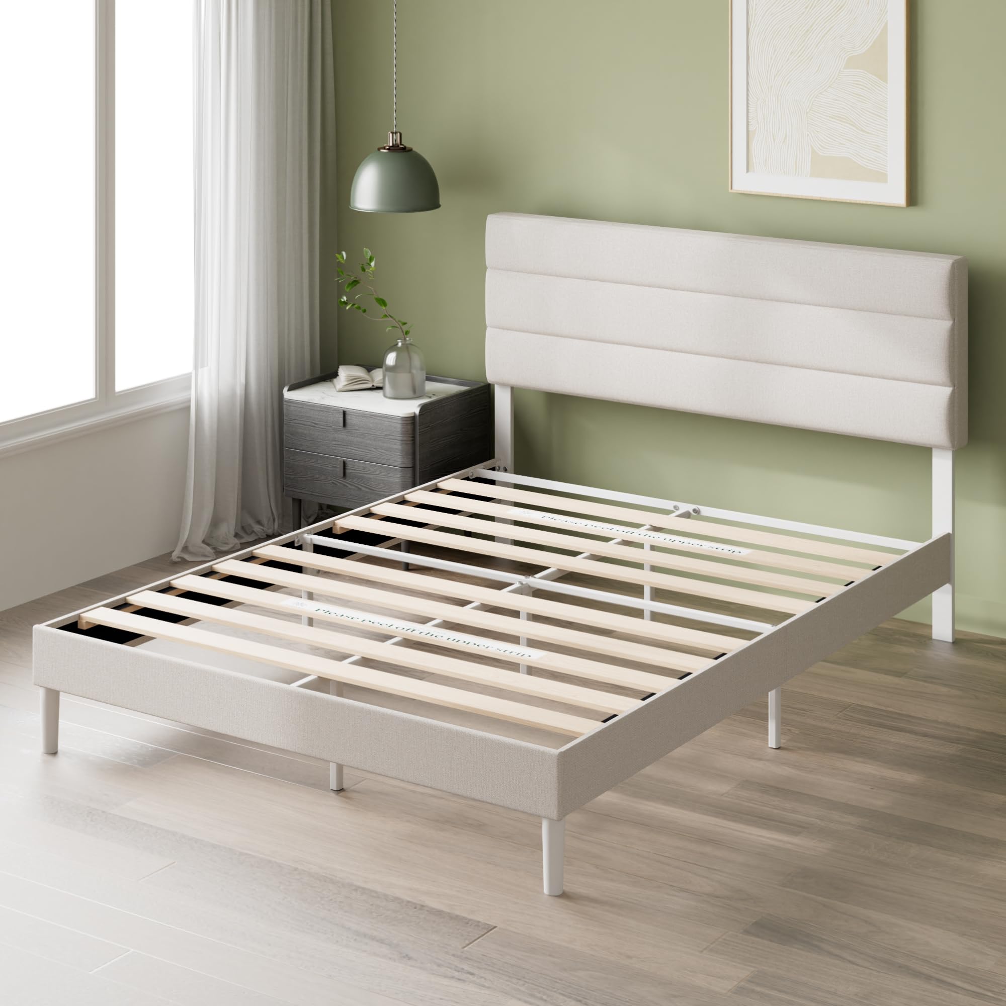 Zinus Piper Struttura Letto 160x190 cm con Testiera - Altezza 30 cm - Letto Matrimoniale Imbottito con Rete a Doghe in Legno - Facile da Montare - Bianco Sporco