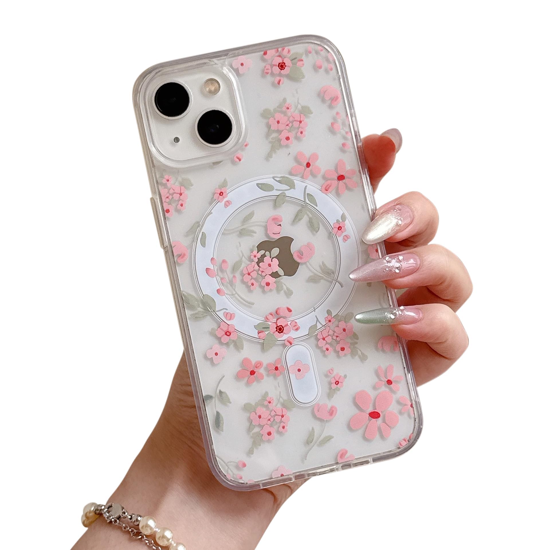 Coque iPhone 15 Plus/14 Plus transparente fleur rose antichoc compatible Magsafe - 8