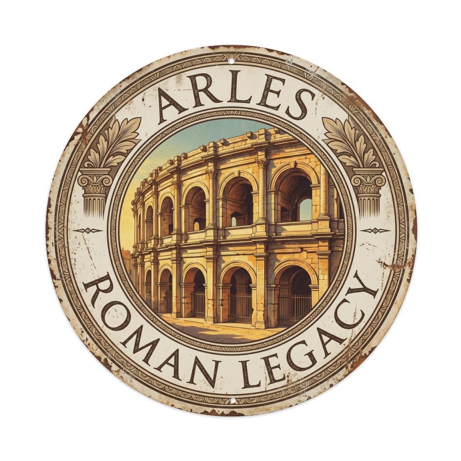 Fqcyn Style Vintage Travel Arles France Amphitheatre Metal Tin Sign Plaque Wall Decor For Cafe, Club Bar, Office, Home Garden Round Metal Poster 8X8inch