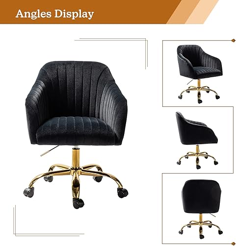 Miniatura 3 de HULALA HOME Silla de escritorio de oficina de terciopelo mostaza, silla giratoria para computadora con base de metal cromado, silla de trabajo