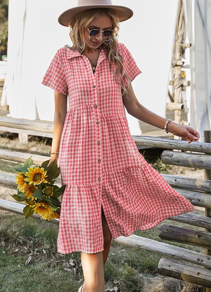 chouyatou Women's Summer Flutter Sleeve Midi Long Gingham Dress Plaid Button Down Shirt Dress - Image 3