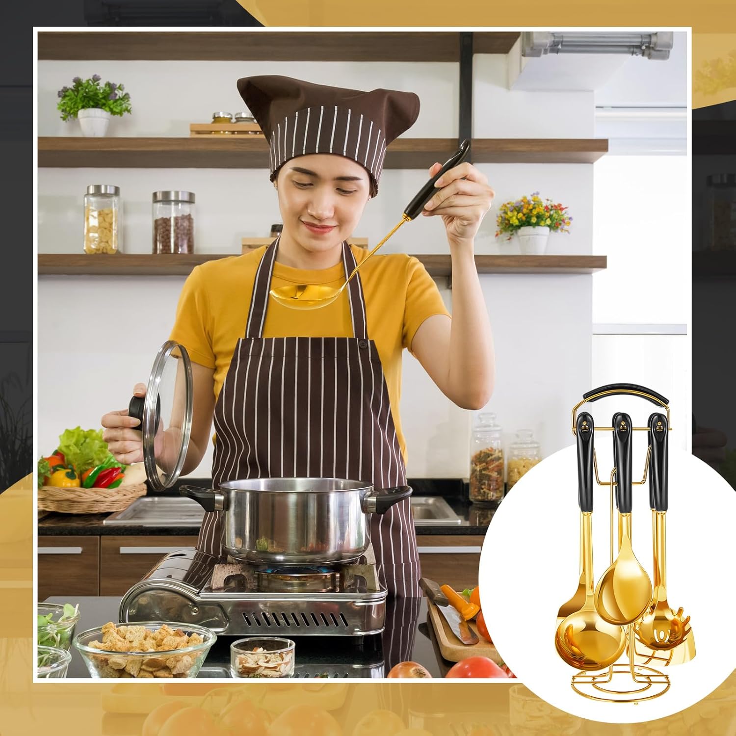 7 Pcs Black and Gold Cooking Utensils Set, Stainless Steel Kitchenware Gift with Hanging Shelf, Slotted Spoon, Slotted Spatula, Large, Soup Ladle, Spatula, Pasta Spoon, Easy to Clean