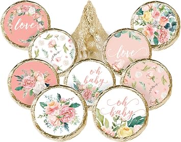 Pink Floral Baby Shower Party Favor Stickers, Pink Chocolate Kiss Candy Labels - 180 Count