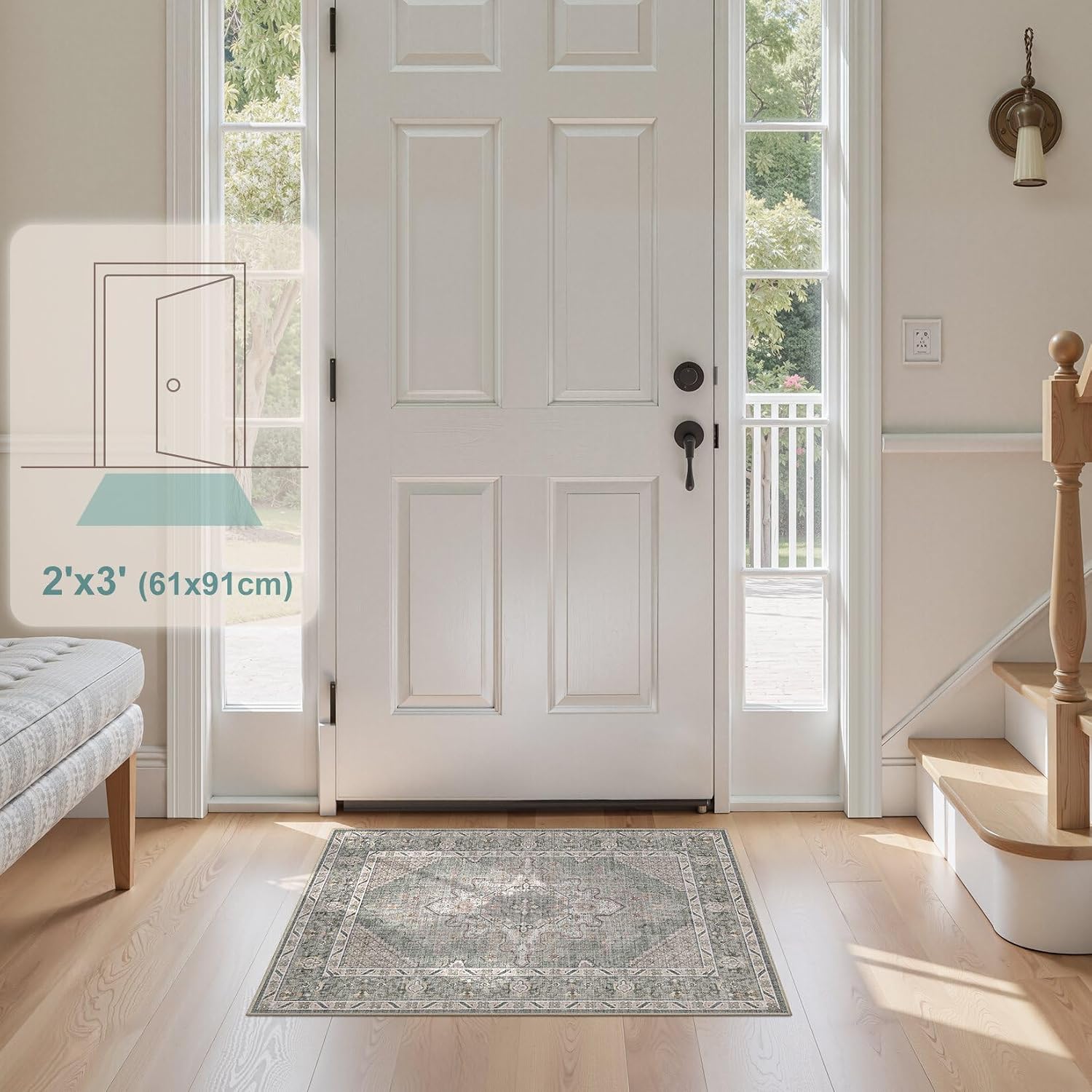 Tortania Area Rug 2x3 Doormat - Washable Vintage Oriental Farmhouse Soft Thin Indoor Carpet for Living Room Bedroom Hallway Entryway Kitchen - Green Gray thumbnail