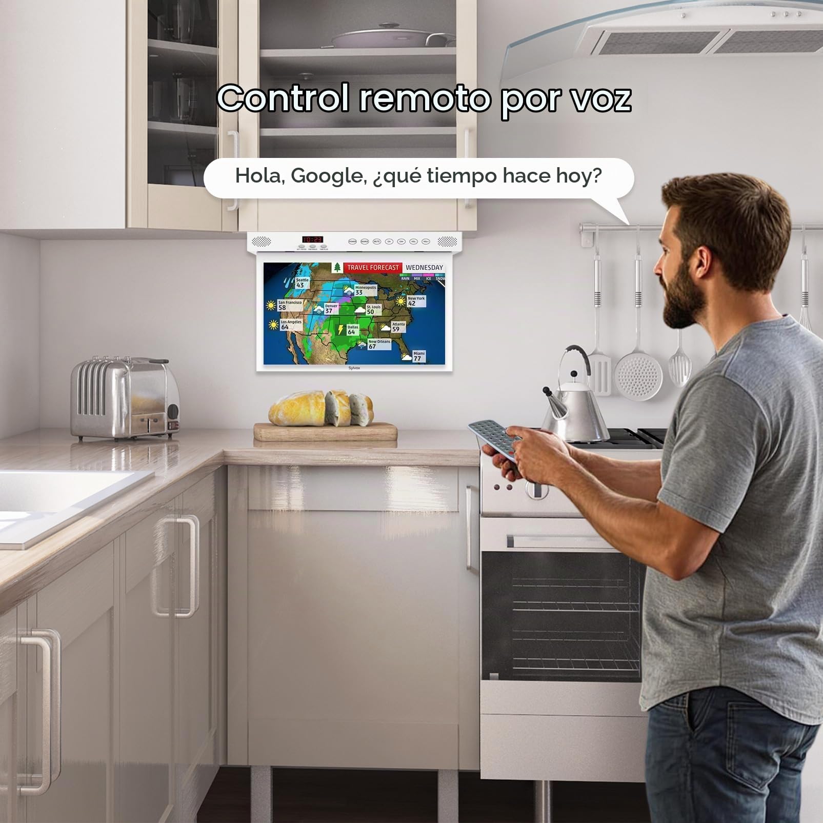 SYLVOX TV de Cocina Plegable 15.6", 90° Ajustable, 1080P, Smart con Google TV,12V Mini Televisor con Rotación 360° | DVB-C/S2/T2 | Wi-Fi | Bluetooth | para Cocina, Camping, Dormitorio(Blanco)
