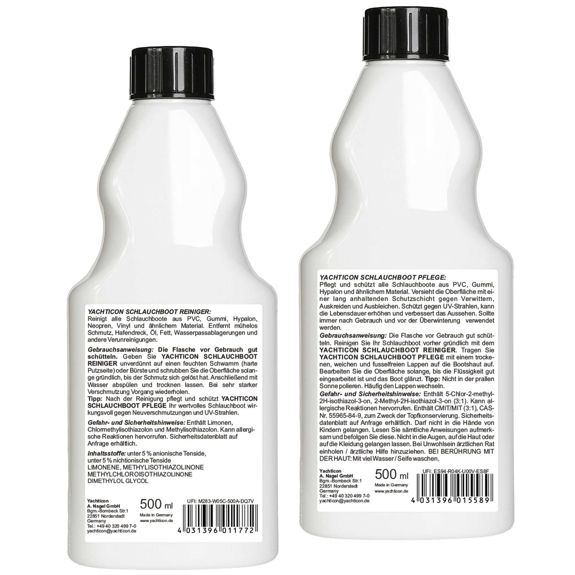 YACHTICON Schlauchboot Reiniger & Pflege Set 2x500 ml – Spezial Set für Schlauchboote aus PVC, Gummi & Hypalon – Reinigung & UV-Schutz in einem – entfernt Öl, Schmutz & Wasserpass-Ablagerungen