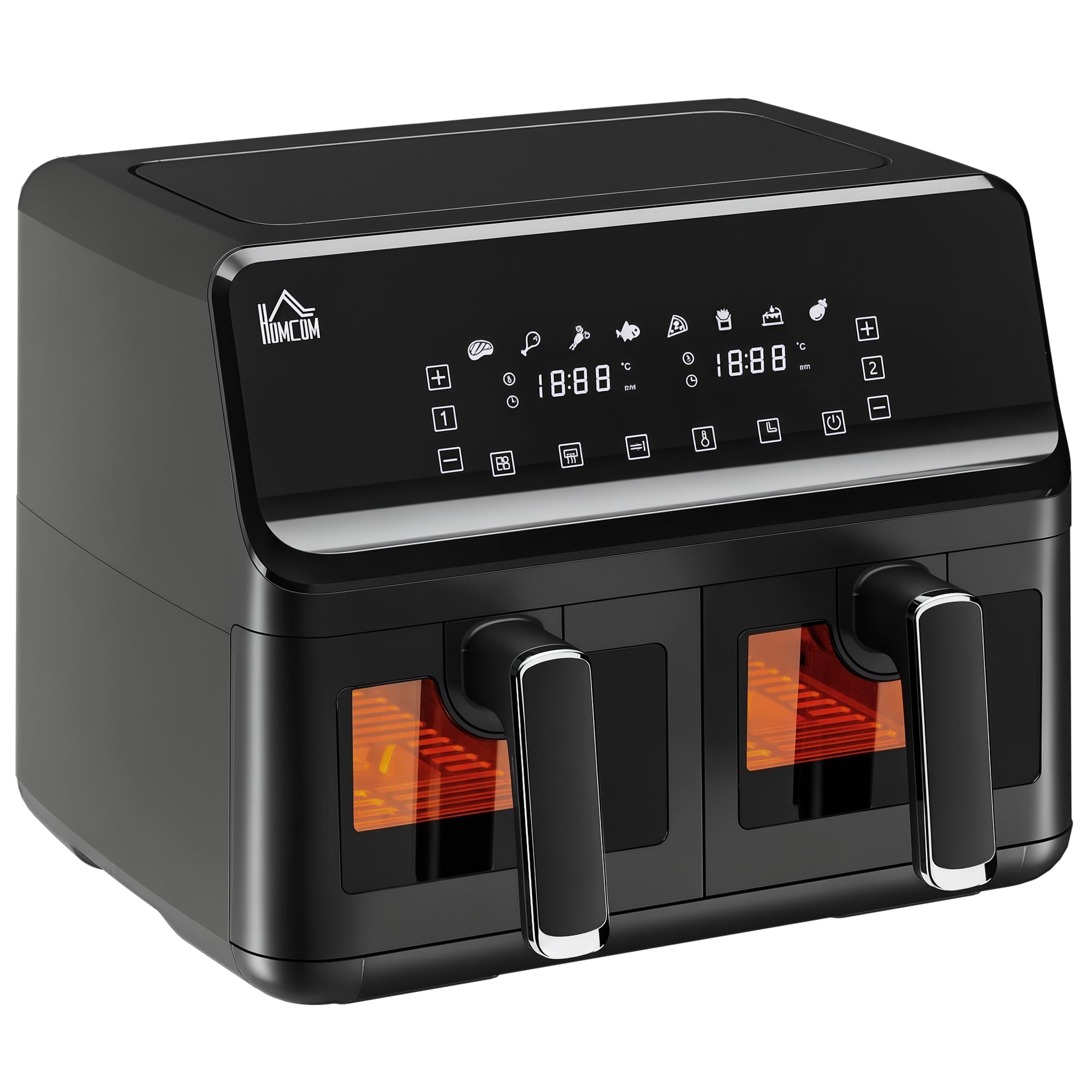 HOMCOM Freidora sin Aceite Doble 8L Freidora de Aire Caliente 2500W con 8 Programas Pantalla LED Táctil Temperatura Ajustable 80-200℃ Temporizador y Cesta Antiadherente 38,5x38x30,5 cm Negro