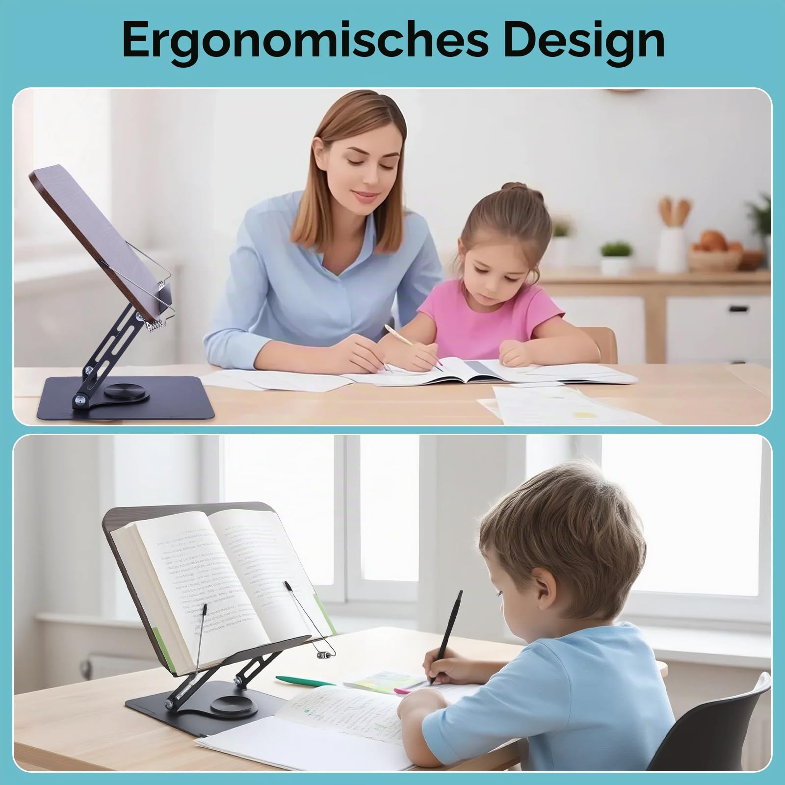 Buchständer Holz Mit 360° Drehbare Basis, Verstellbarer Buchhalter Leseständer Mit Klappbar Und Tragbar,Kochbuchhalter Mit Seitenclip, Leicht Für Büro, Küche, Schule, Lehrbuch, Zeitschrift, Tablet
