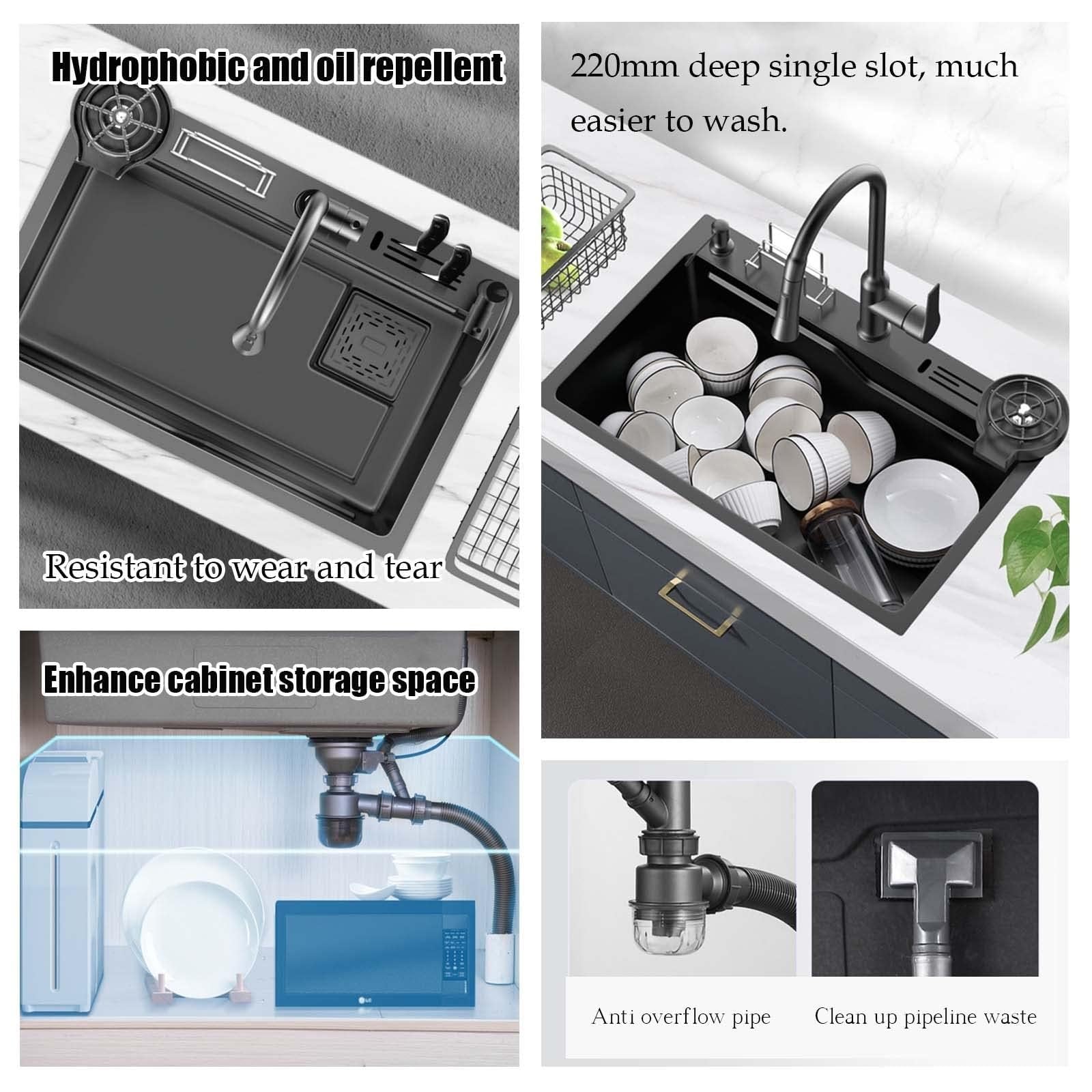 SDdPulse Lavello da bar in acciaio inox di alta qualità con lavabiancheria in vetro e rubinetto, multifunzione, a cascata, per uso domestico e commerciale, nero, 75 x 45 cm