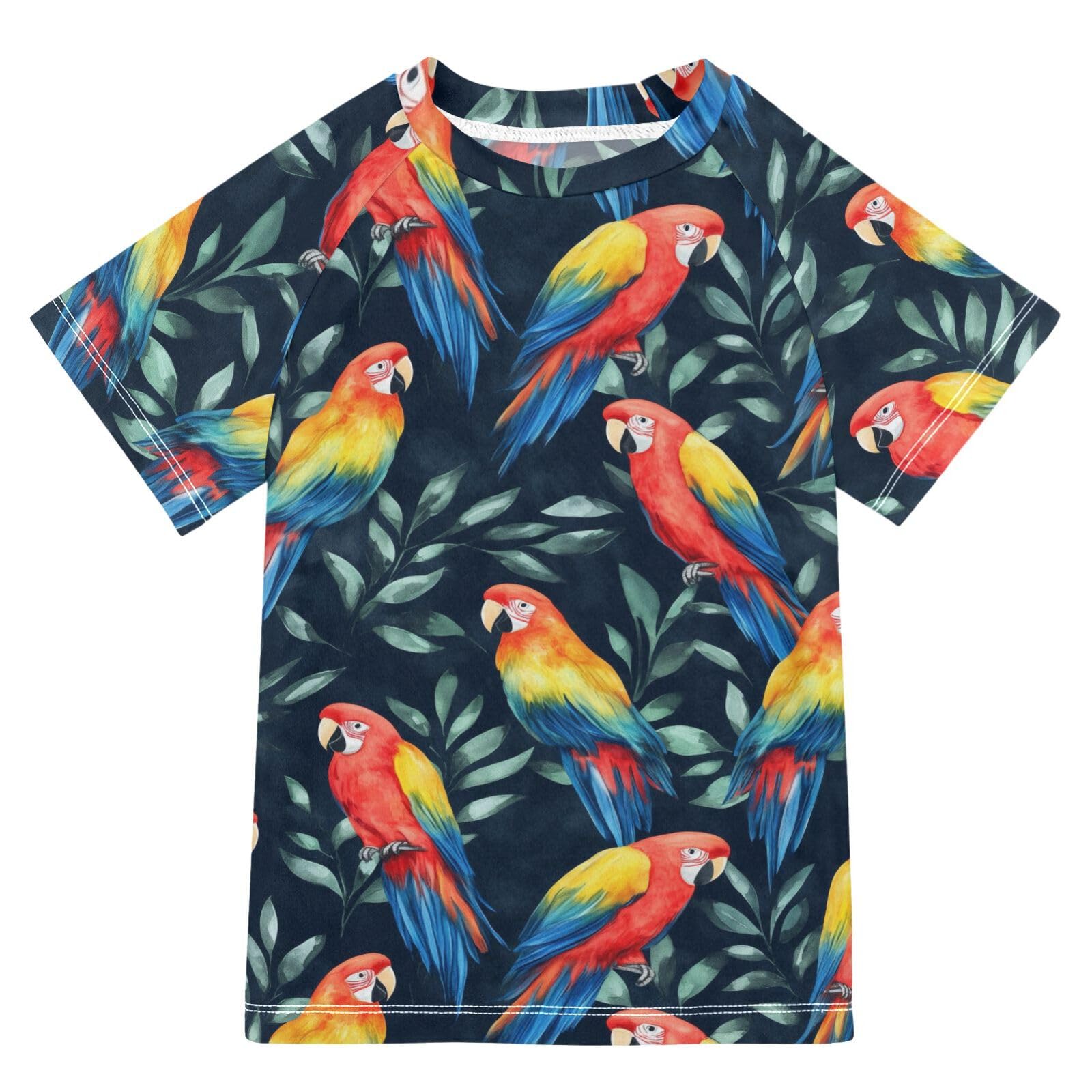 ALAZA Boys Rash Guard Swimming Shirt for Boys Short Sleeve Colorful Parrots UPF 50+ 5-6T