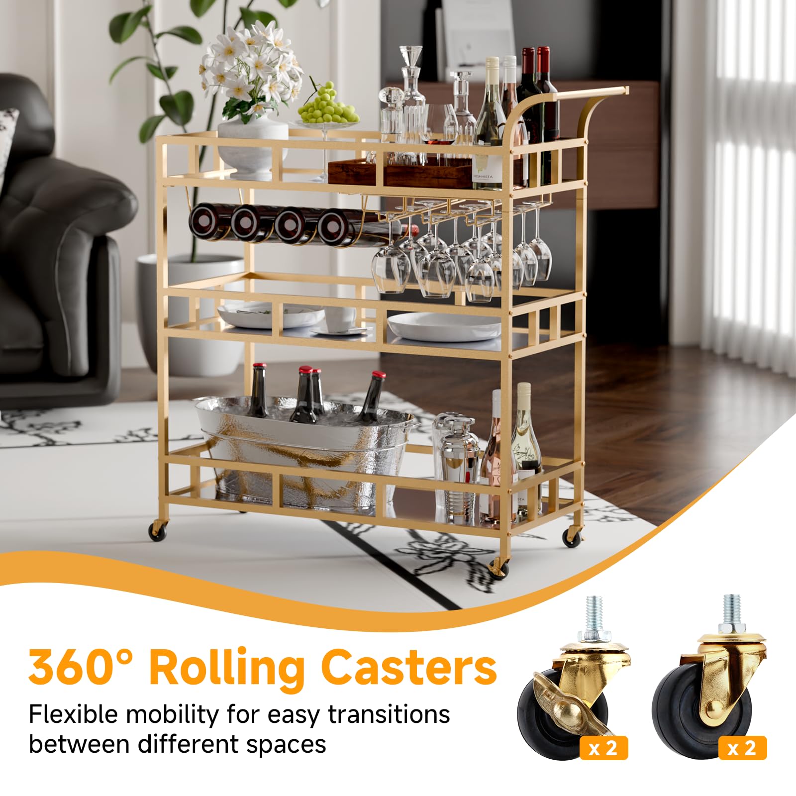TONGMO Gold Barwagen mit 3 Ebenen Spiegelregalen, Home Bar Wagen mit Weinregal und Glashalter, perfekt für den Innen- und Außenbereich, stilvolle und funktionale Küche und Unterhaltungsraum Ergänzung