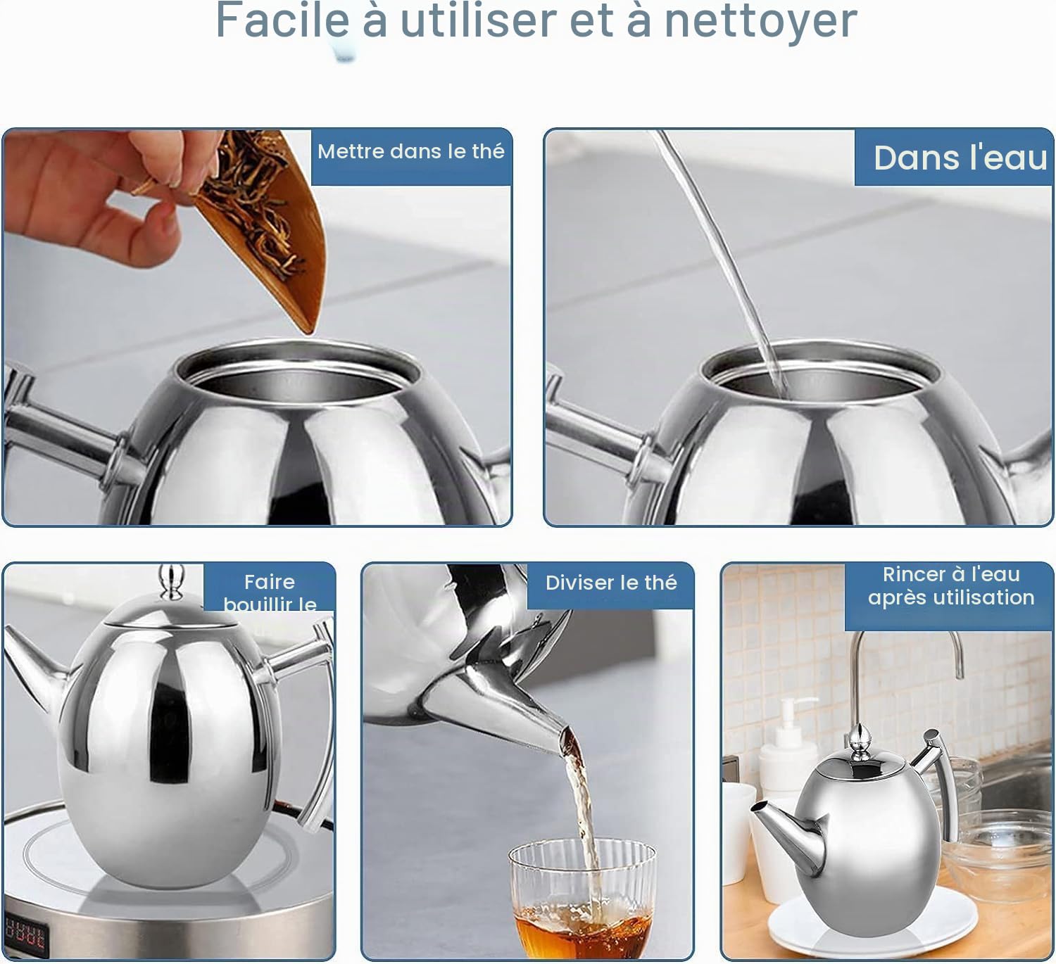 Fyearfly Théière en acier inoxydable avec infuseur, théière de 1 litre/1,5 litre, théière en argent fine avec filtre pour maison, hôtel, restaurant, thé en vrac(1L)