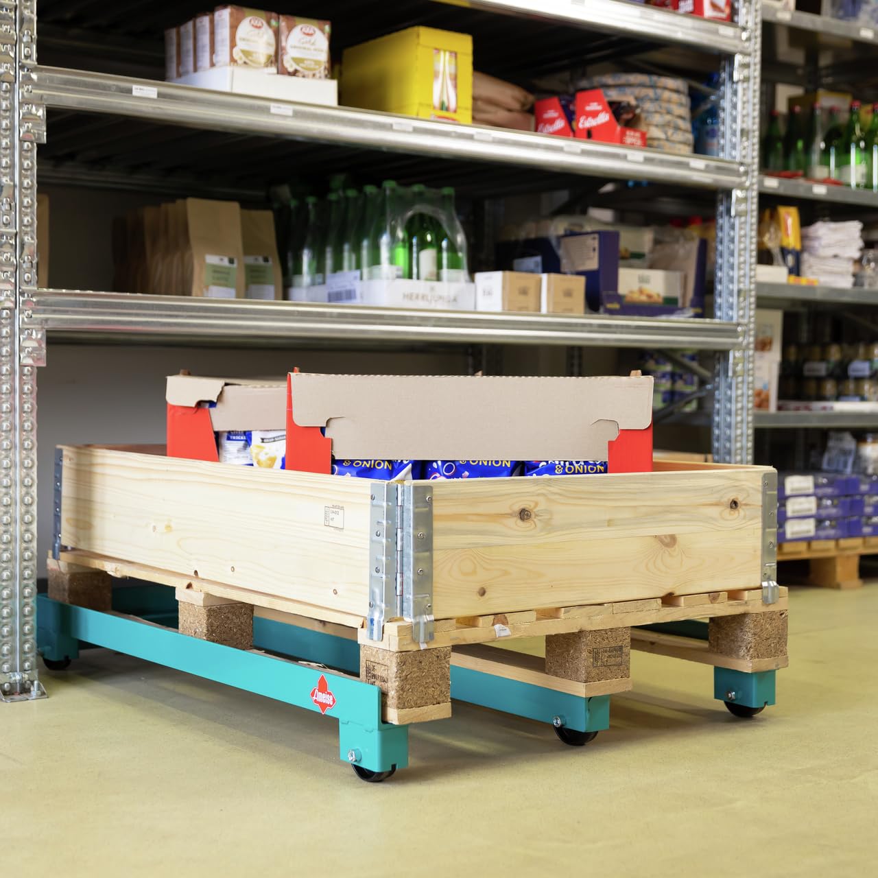 Ameise Paletten-Fahrgestell | 1.000 kg Tragkraft | HxBxT 90 x 800 x 1.200 mm | für Euro-Paletten | stabile Stahlkonstruktion | 90 mm Ladehöhe | geprüfte Qualität | Transportroller | Transporthilfe