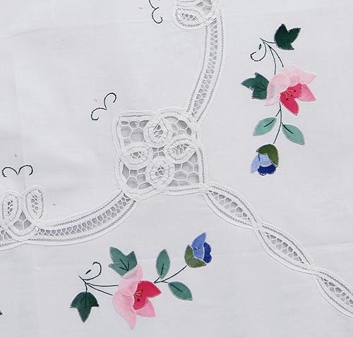 Miniatura 3 de Creative Linens Battenburg Mantel de encaje redondo de 68 pulgadas con rosas de apliques a mano, color blanco, 100% algodón