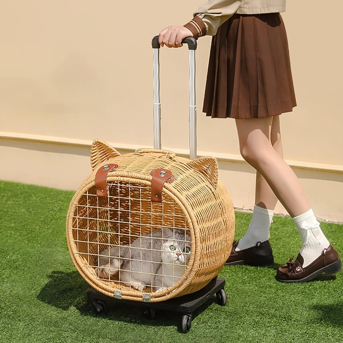 Handwoven Rattan Pet Stroller w/Wheels and Telescopic Handle, Outdoor Pet Trolley Case, Portable Rolling Cat Carrier for Walking, Travel(White)