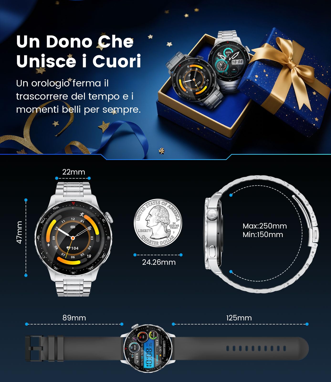 Smartwatch Uomo,1.43" AMOLED Orologio Smartwatch Uomo con Chiamate Bluetooth,123 Modalità Sportive,Monitoraggio Frequenza Cardiaca e Pressione,Cassa Acciaio Inox,per Android iOS(SML21-D)