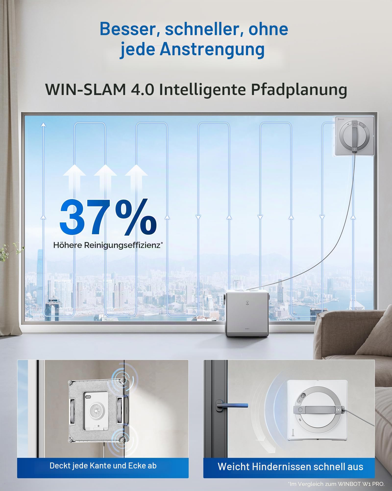 ECOVACS Winbot W2 Pro Omni Tragbarer Fensterreinigungsroboter mit Multifunktionsstation, Aufladen während der Arbeit, intelligente Reinigung mit dreifachem Sprühkopf, Schutz