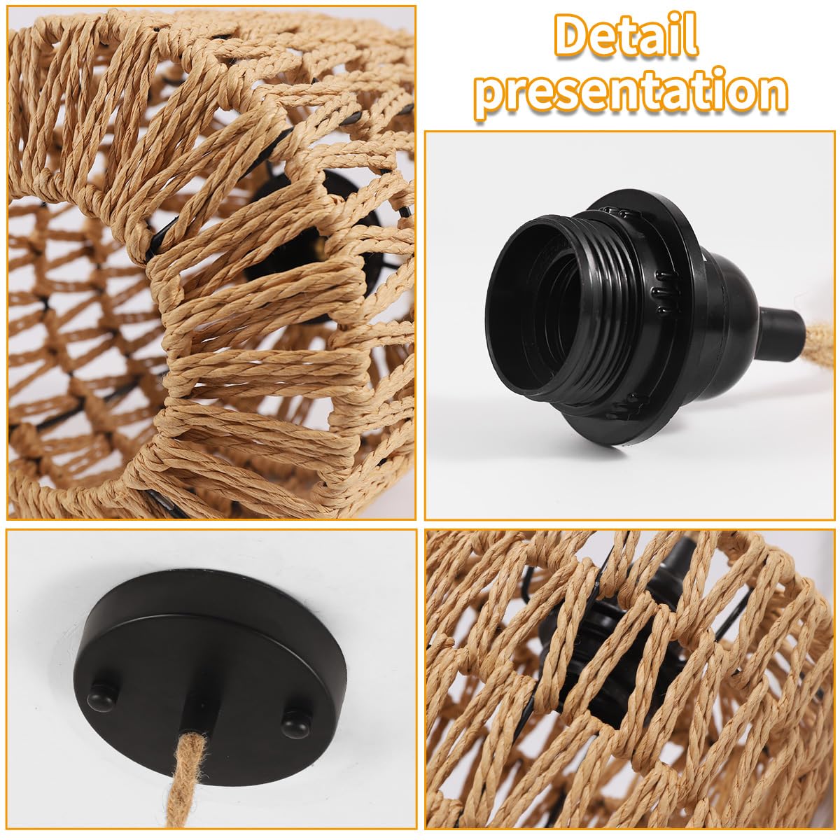 Lampadario Rattan, Lampada a Sospensione Boho Con Paralume E27 | Lampadario Vintage Per Soggiorno, Camera da Letto, Cucina Con Potenza Massima di 60W
