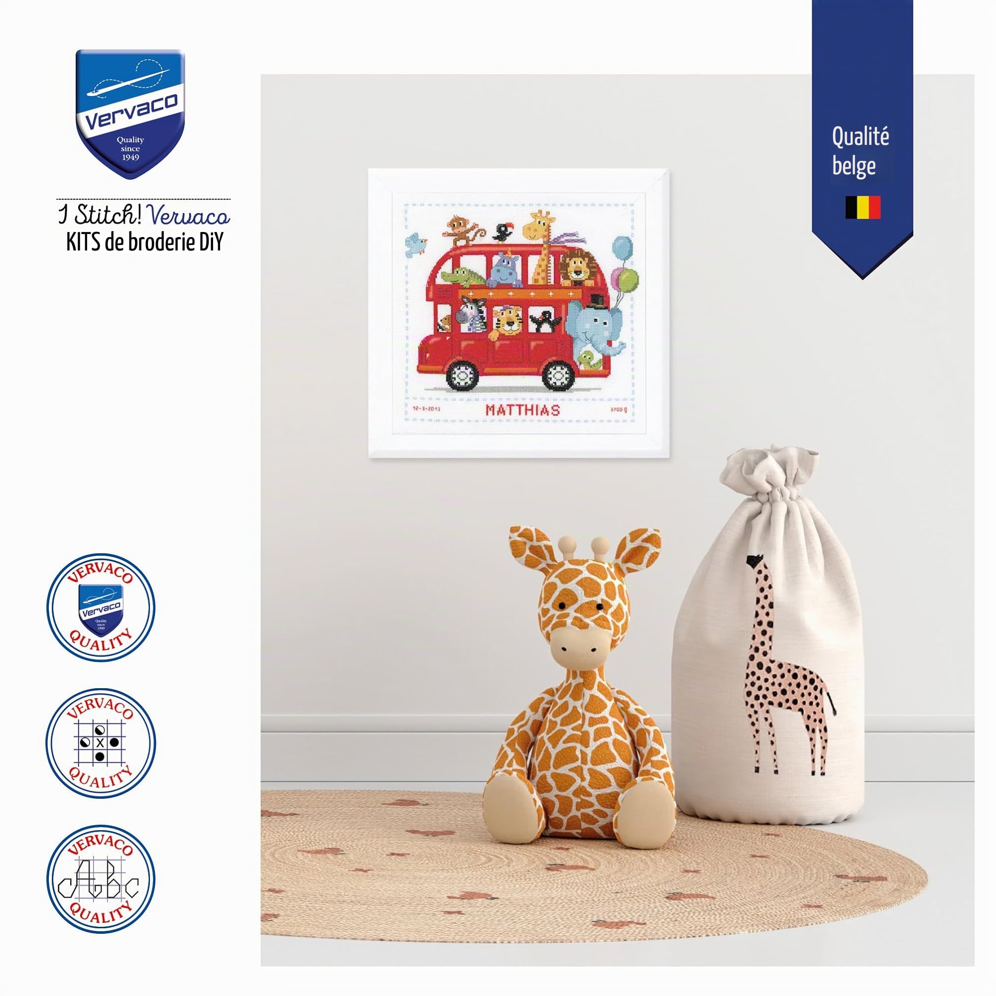 Vervaco Point De Croix Compté Kit DIY Cadeau Bebe Naissance Personnalisé EXCURSION SAFARI Tableau Complet Kit De Broderie Loisir Créatif Maison Décoration ca. 28 x 28 cm Cross Stitch