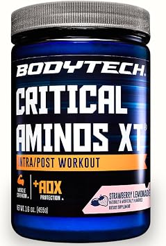 BodyTech Critical Aminos XT Amino Acid Powder with Glutamine, Citrulline & Carnitine, Pre Workout or Post Workout Amino Acids for Men & Women, Strawberry Lemonade Flavor, 15.9 Oz, 45 Servings