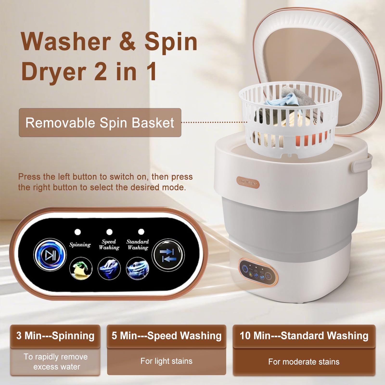 Draagbare Wasmachine 6L Opvouwbare Wasemmer met Hoge Capaciteit met Uitdroging Automatische Mini-wasmachine voor Ondergoed Babykleding Slaapzaal (Melk koffie Draagbare Wasmachine 6L Opvouwbare Wasemmer met Hoge Capaciteit met Uitdroging Automatische Mini-wasmachine voor Ondergoed Babykleding Slaapzaal (Melk koffie