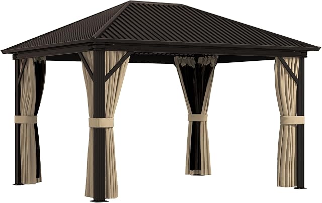 Outsunny 3 x 3.6m Outdoor Hardtop Gazebo Metal Roof Patio Gazebo with Aluminium Frame, Mesh Nettings, Curtains, & Roomy Interior Space, Brown