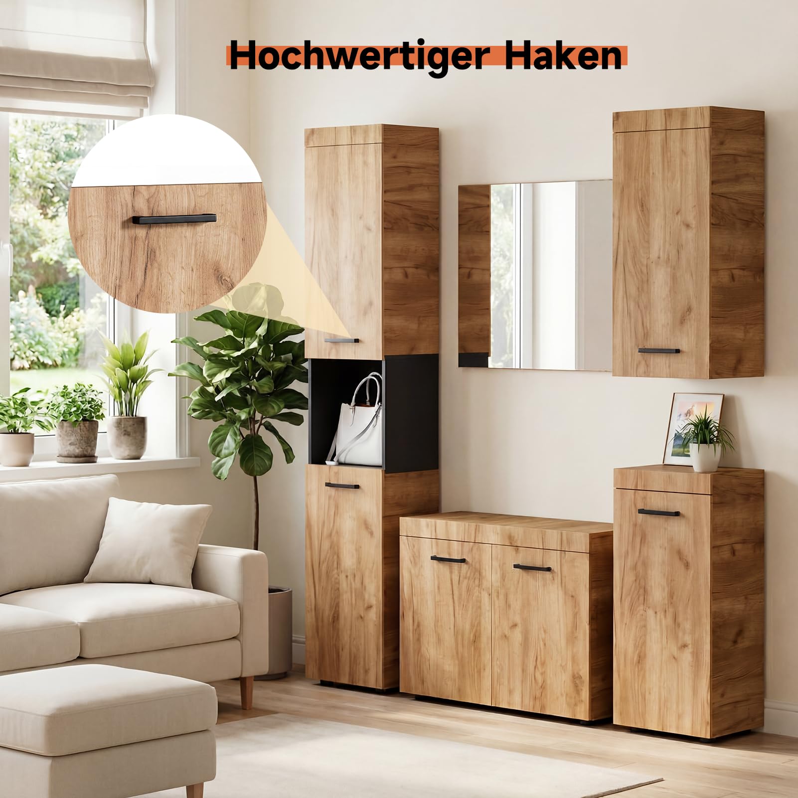 HAUSPROFI 5-teiliges Garderobenset, Flurgarderobe mit Spiegel, Doppeltür-Schuhschrank, Langer Schuhbank, Kleiderschrank und Stauraumschränken, Holzoptik, für Flur und Bad