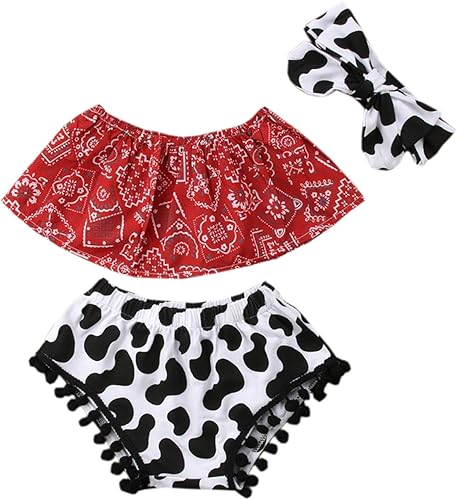 stylesilove Baby Girls Cowgirl Red Bandana Top with Pom Pom Trim Bloomers and Headband 3pcs Outfit