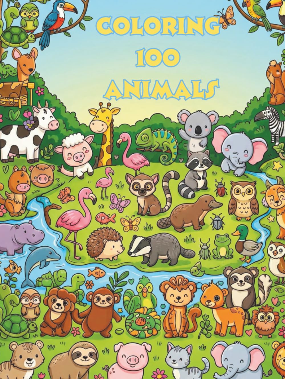 Coloring 100 animals: A coloring book for children featuring animals in amazing landscapes.