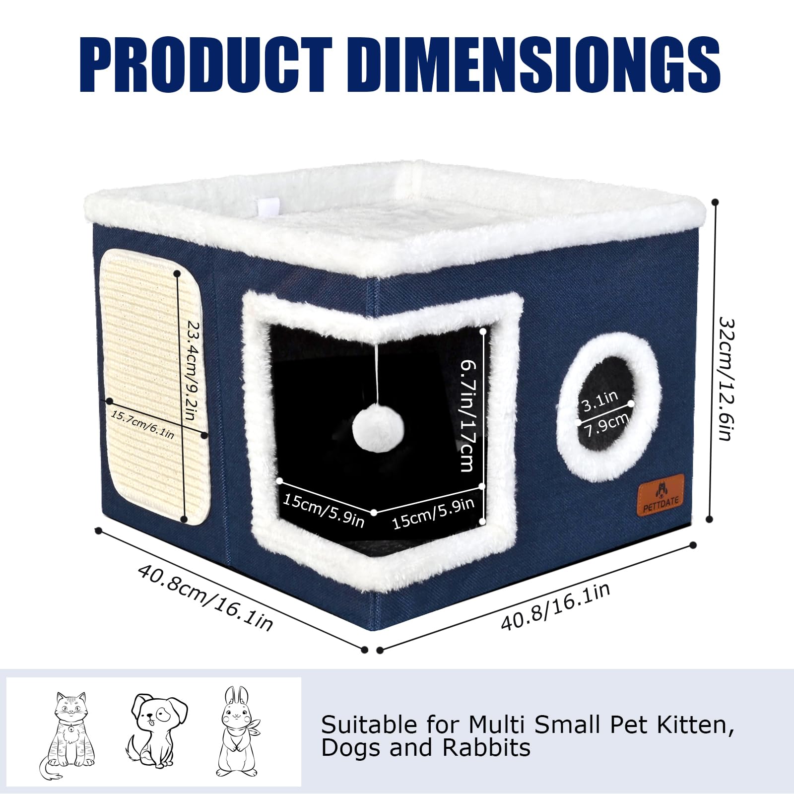 Cat Beds for Indoor Cats, Foldable Cat Hideaway with Hanging Fluffy Ball and Scratch Pad - Image 2
