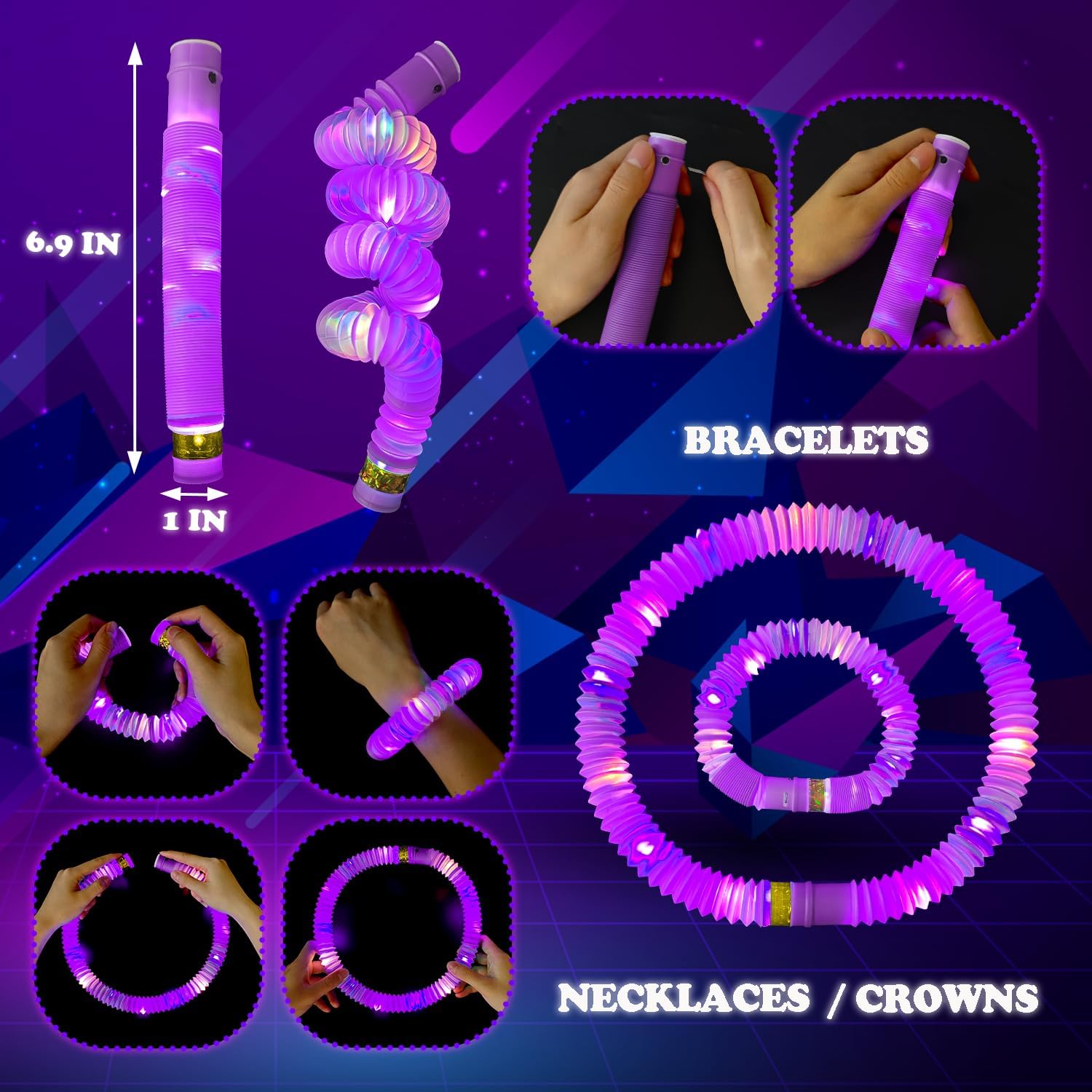 Purple Graduation Glow Sticks Pop Tubes 24 PCS, Light Up Bracelets Necklaces Decor, Glow Party Favors for Kids Party, Kindergarten Preschool End of School Year Goodie Bag Stuffers Classroom Prizes